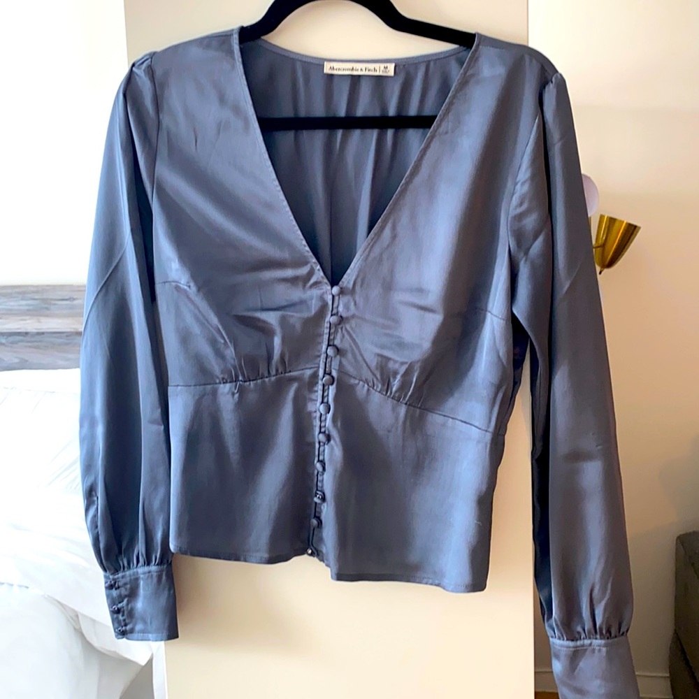 Abercrombie & Fitch Slate Blue V-Neck Button-Front Blouse